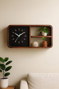 Wood <b>Battery</b> Powered Quartz Analog Wall <b>Clock</b> Shelf Modern Rectangle Hanging Storage Organizer for Living Room Entryway - Product Image 1