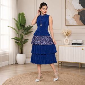 Robe midi élégante en coton bleu sans col à manches longues, coupe trapèze, imprimé floral, respirante, style décontracté printemps-été - Product Image 3