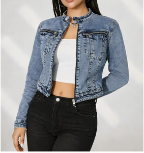 Chaqueta Varsity de Mezclilla Lavada para Mujer TRIBON SPORTS, Manga Larga, Cuello Camisero, Cierre de Botón, Corte Regular, Otoño Invierno - Product Image 3