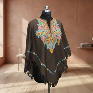 Handmade Kashmir Floral Embroidered Poncho Shawl Soft Wool <b>Winter</b> Wrap for Women Traditional Kashmir Aari <b>Work</b> Wool Poncho Cap - Product Image 6