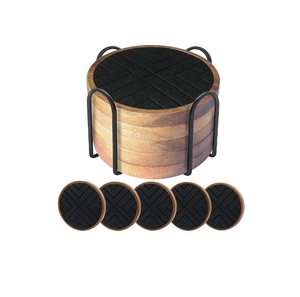 Beautiful Engraved Flower Design Round Wooden Coaster Decorative Water Serving Coaster With Black Metal Stand - Product Image 3