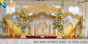 Mandap de Madera para Ceremonia de Boda Gujarati, Mandap Redondo Dorado de Lujo al por Mayor con Pilares Romanos Tallados, Australia - Product Image 4