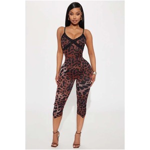 Summer Asymmetric Shoulder Leopard Love Capri Jumpsuit <b>Bodysuit</b> Women - Product Image 3
