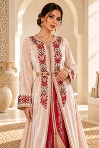 Caftán Marroquí de Terciopelo Color Ciruela Mishkat Couture con Bordado Rojo Rubí, Cinturón Dorado con Joyas, Vestido Interior Rojo - Elegante Ropa de Fiesta para Invierno - Product Image 3