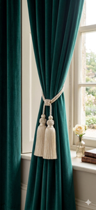 Classic Navy Blue Velvet <b>Curtain</b> Tiebacks with Cream Tassel Accents for Living Room Decor - Product Image 2