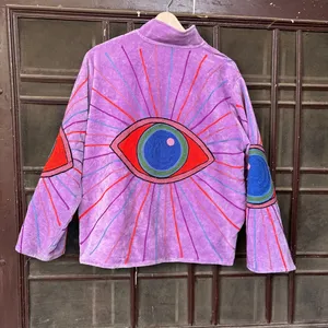 Veste Bohème en Velours Violet Brodé Suzani avec Motif Œil Turc, Manches Longues, Col Montant, Vêtement d'Hiver pour Femme - Product Image 5