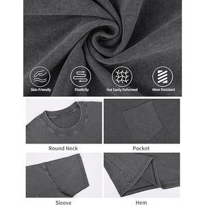 Camiseta de Manga Corta para Hombre, Cuello Redondo, Color Gris, con Bolsillo en el Pecho, Corte Regular, Algodón Lavado, Estilo Casual - Product Image 3