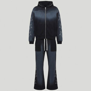 Custom Dark Grey Star Rhinestone Zip Hoodie & Flare Jogger Tracksuit Heavyweight 100% Cotton 400 GSM Fleece Tracksuit Unisex - Product Image 1