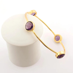 Handmade gold plated amethyst bangle <b>bracelet</b> – Cuff design with faceted purple stones - Product Image 2