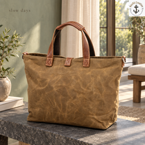 Natural Oil <b>Waxed</b> <b>Canvas</b> Shopping Tote with Dual Carry Handles | Tan Brown Daily Carry <b>Bag</b> with Metal Side Hardware for Travels - Product Image 2