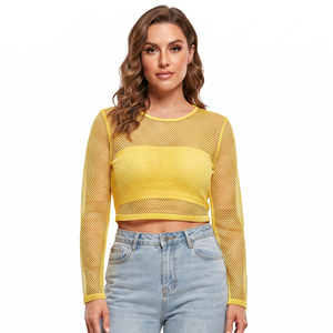 Top corto de malla amarillo para mujer, manga larga, cuello redondo, tejido transparente, top corto transpirable, estilo sexy para discoteca - Product Image 4
