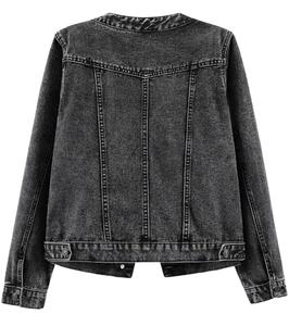 Women's 3/4 Sleeve <b>Cropped</b> <b>Denim</b> <b>Jacket</b> Light Wash Short Trucker Coat Button-Up Casual Distressed 100% Polyester Breathable - Product Image 2