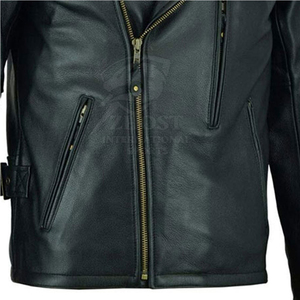 Veste de moto en cuir véritable noir pour homme, finition solide, fermeture éclair, col rabattable, coupe-vent - Product Image 4