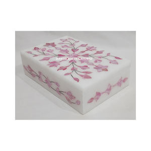 Marbre blanc pur avec finition fine et forme rectangulaire polie lisse boîtes de rangement de bijoux en incrustation de nacre rose - Product Image 4