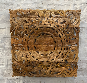Panneau mural décoratif carré en bois massif naturel sculpté à la main avec motifs floraux pour la tête de lit, les canapés et les murs de salon et chambre - Product Image 4