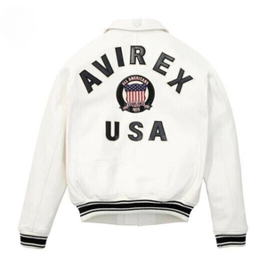Blouson bomber Avirex rouge en cuir véritable imperméable à col montant avec logo sur le devant pour l'hiver - Product Image 5