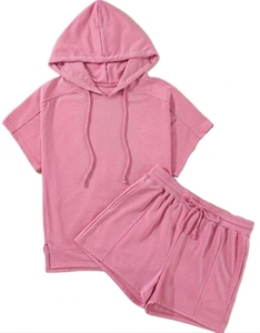 Conjunto de Sudadera con Capucha de Manga Corta y Pantalones Cortos de Punto de Algodón para Mujer, Tallas Grandes, Ropa Casual Transpirable de Alta Calidad, Logotipo Personalizado - Product Image 3