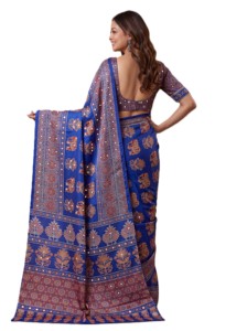 Sari Tradicional Indio de Seda con Estampado Digital Ajrak, Diseño de Elefantes Azules, para Bodas, Largo hasta el Suelo, Corte Regular para Mujer - Product Image 4