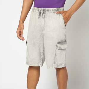 Hip Hop Men Light Gray Eco Friendly Solid <b>Cargo</b> Bermuda <b>Shorts</b> with Elastic Waist and Pockets Vintage Style Woven Cotton Fabric - Product Image 1
