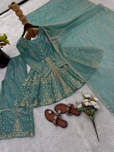 Designer Peplum <b>Kurta</b> Sharara Set with Dupatta | Heavy Embroidery Ethnic Wear Suit for Women | Festive Wedding Party Outfit - Product Image 3