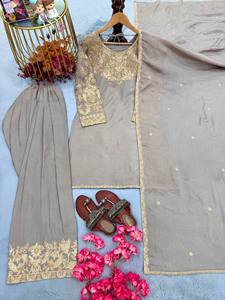 Nouvelle tenue Salwar en soie Chinon pour femme, broderie de 3 mm, travail de codage-Dori, dentelle fantaisie, longueur au sol - Product Image 4