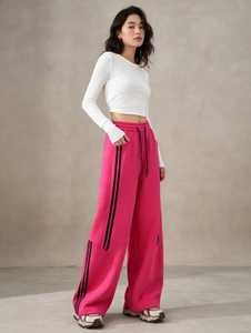 Pantalon de survêtement rose en coton mi-lourd à jambe large, taille élastique avec cordon de serrage, rayures latérales, style sportif, respirant, pour homme, collection automne - Product Image 1