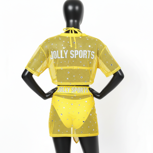 Ensemble de maillot de bain en polyester et élasthanne de haute qualité, jaune vif, tissu en maille douce, logo personnalisé en cristal, pour femme. - Product Image 5