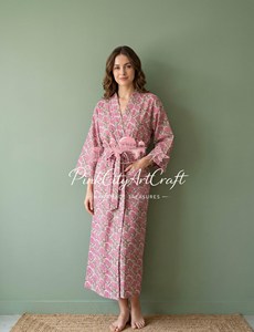 Hand Block Print Pink Floral Cotton Kimono Robe Artisanal Summer Bathrobe <b>Lightweight</b> Maternity <b>Dressing</b> <b>Gown</b> Long Nightwear - Product Image 6