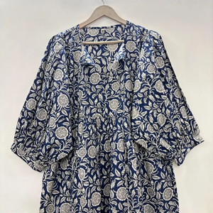 Vestido Casual Midi de Algodón Tejido con Estampado Floral para Mujer, Mangas Abullonadas, Cintura Imperio, Estilo Babydoll, Cuello en V, Corte Holgado - Product Image 5