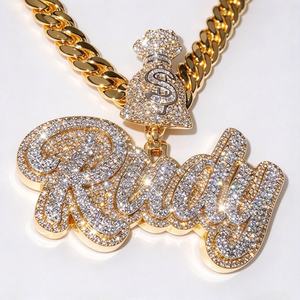 Collier pendentif en moissanite couleur or avec breloque lettre script et sac d'argent, bijoux pour homme - Product Image 3