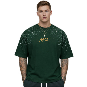 เสื้อยืดผู้ชายทรงโอเวอร์ไซส์สีเขียวประดับเพชรเทียมลายกราฟิกวิบวับสไตล์สตรีทแวร์ฮิปฮอปทรงบ็อกซี่แขนสั้น  ผู้จำหน่าย - Product Image 1