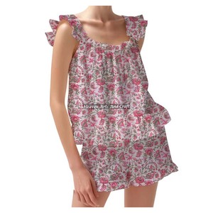Breathable Cotton Shorts Pajama Set For Warms Dazzling Hand Block Spring/Summer Floral Fitted Strappy Ruffle <b>Trim</b> Sleeves PJ Set - Product Image 4
