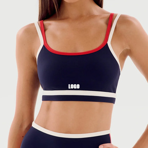 Sujetador deportivo para mujer, azul marino, con ribete en contraste, cuello redondo, tirantes finos, soporte medio, transpirable, top de fitness con logo frontal - Product Image 1