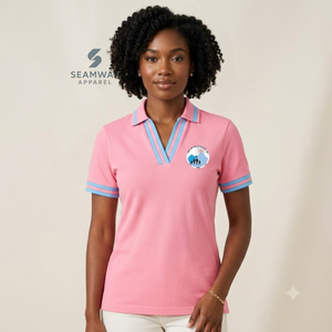 เสื้อโปโลผู้หญิง Jack And Jill Of America สีชมพู-น้ำเงินลายทาง คอวี ผ้าปิเก้ แขนสั้น ปักลายตราสัญลักษณ์ คอปก แบรนด์ Greek Life - Product Image 5