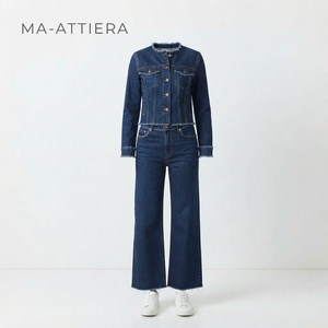 Conjunto de Chaqueta Vaquera Azul Oscuro y Jeans de Pierna Ancha para Mujer, Conjunto Casual de Dos Piezas, Ropa Vaquera a la Moda - Product Image 3