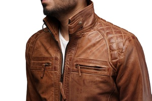 Chaqueta de motorista de alta calidad personalizada para hombre en cuero genuino marrón motocicleta estilo clásico chaqueta transpirable cuello alto - Product Image 4