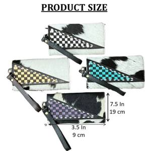 Pochette pour femme en cuir de vachette véritable, motif à carreaux violet et noir, artisanale, style western, porte-cartes de luxe 2025, portefeuille à poignet - Product Image 2