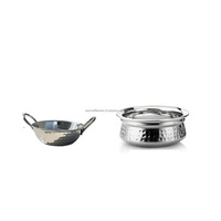 Ensemble de table pour la restauration indienne : Poêle Karahi à curry et bol Handi à riz en acier inoxydable, finition martelée artisanale