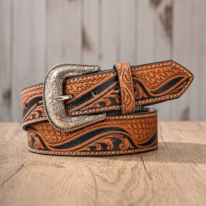 Ceinture en cuir grainé de haute qualité avec boucle à ardillon florale western de 1,5 pouce, pour hommes et femmes, style vintage noir, marron, argent antique, pour cow-boy - Product Image 3