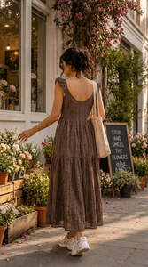 V-Neck <b>Sleeveless</b> Maxi <b>Dress</b> In Brown Solid Color A-Line Loose Fit Casual <b>Summer</b> Woven Linen Cotton Tiered Hem Women <b>Dress</b> - Product Image 2