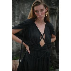 <b>Boho</b> Criss Cross Neck Pleated Maxi Dress Half Sleeve Regular Fit Translucent Knitted Natural Waist Eco-Friendly Summer Casual - Product Image 3