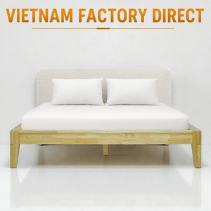 Cama de plataforma de madera con cabecero tapizado, montaje sin herramientas, carpintería japonesa, madera de caucho, de fábrica OEM/ODM de Vietnam - Product Image 1
