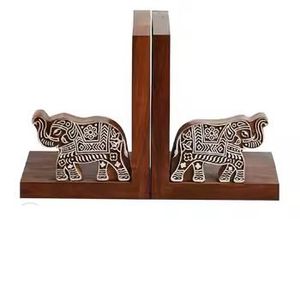 Pair of Wooden <b>Elephant</b> Bookends Carved Design <b>Decorative</b> Handcrafted Eco‑Friendly Artistic Rustic Home Office Organizer - Product Image 4