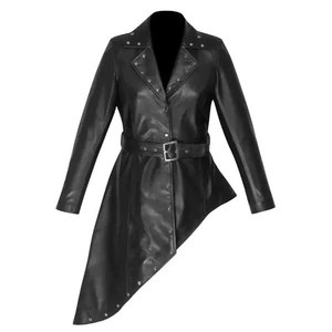 Abrigo de cuero genuino asimétrico negro para mujer, chaqueta larga con cinturón con tachuelas estilo gótico - Product Image 1