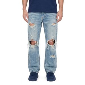 Pantalon en jean délavé bleu ciel avec fente ouverte au genou, effet usé et franges, en coton peigné doux, haute durabilité, coupe décontractée, idéal pour l'été - Product Image 2
