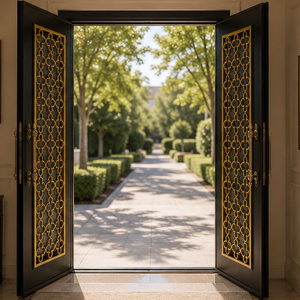 Porte d'entrée double de luxe noire et or avec grille métallique géométrique décorative et verre dépoli pour une entrée sécurisée - Product Image 1