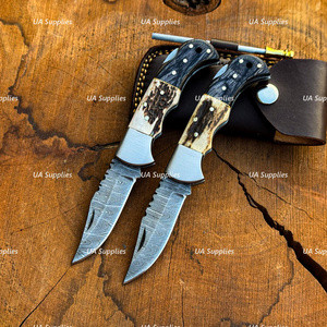 High Quality Best Seller Damascus Steel Folding Knife ELK Horn Handle Hunting Knife EDC OEM Folding Pocket Knife with Pouch - Product Image 5