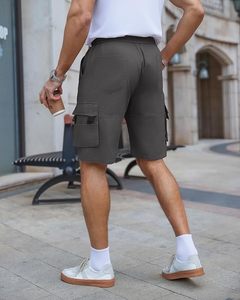 Shorts cargo gris pour hommes avec cordon de serrage à la taille et plusieurs poches, style décontracté, taille mi-haute, en coton respirant, type Bermuda - Product Image 2