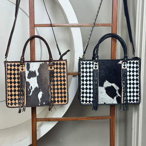 Large Capacity Work Business Hand Tooled Checkered Leather Tote Bag Fashion Portable Shoulder Bag <b>Laptop</b> Handbag for Women Daily - Product Image 4