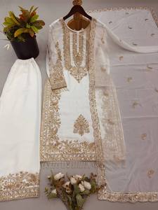 Nueva Colección Vestido de Novia Reversible de Georgette Sintético con Bordado Pesado y Lentejuelas, Sin Arrugas, Elástico y Completamente Cosido - Product Image 5